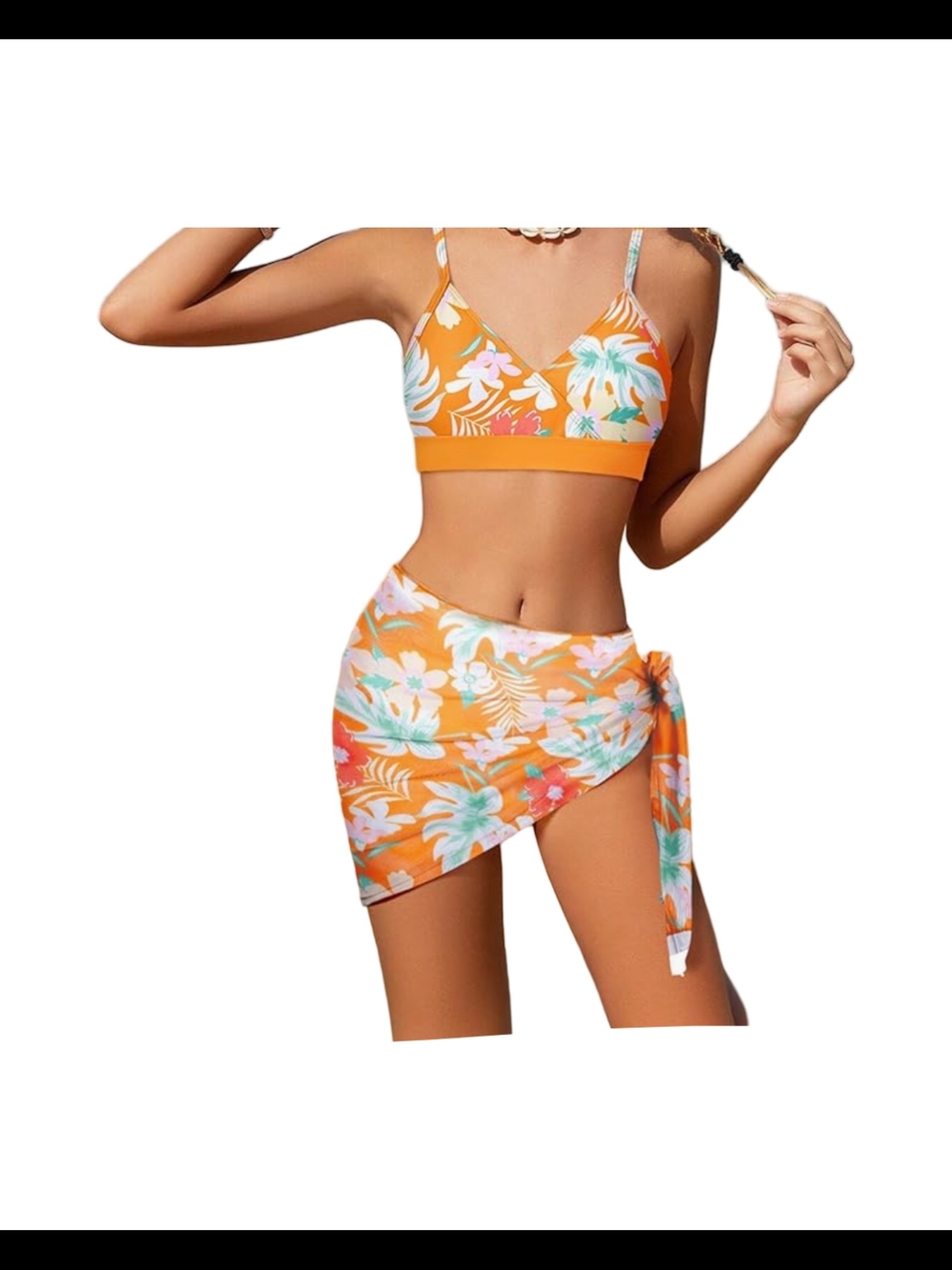 New Girls Size 11/12 Orange Floral Bikini Set with Sarong - Kids Swim